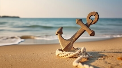 Anchor with rope on sand near sea. Generative AI