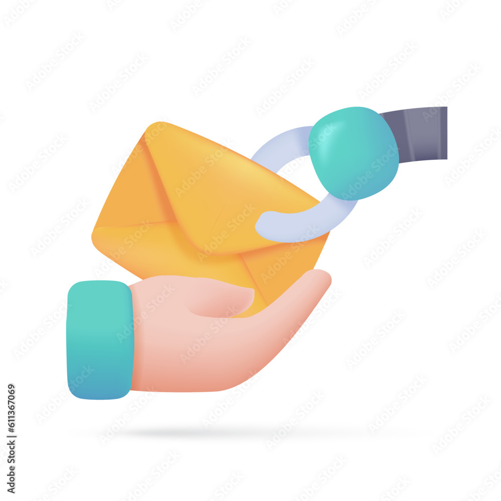 Poster robotic hand sending letters document management concept with bots. 3d illustration