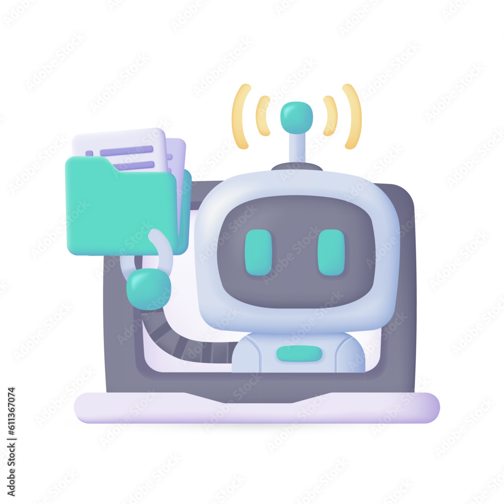 Poster vector 3d smart robot on computer to assist in human work creative cartoon robots in art and help an