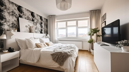 Comfortable bed with white blanket and cushions placed near wall with wallpaper against cabinet with TV in stylish bedroom with window, Generative AI