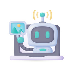 Vector 3D smart robot on computer to assist in human work Creative cartoon robots in art and help answer questions.