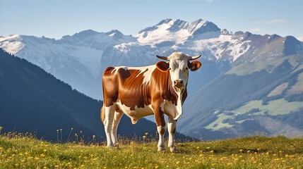 Fototapeta na wymiar Cow stands in high alpine meadow, snowy mountains behind. Generative AI