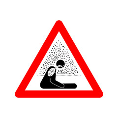 Sign suffocating atmosphere. Air pollution warning sign. Red triangle sign with a silhouette a seated person in pollution fumes. Caution suffocating air. Beware polluted air. Asphyxiating atmosphere. - obrazy, fototapety, plakaty