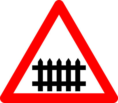 Railway crossing sign with slagbaum. Warning sign railway crossing with barrier or gate. Red triangle sign. Caution train. Beware railway colia. Road sign.