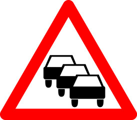 Traffic congestion sign. Warning sign of traffic congestion. Red triangle sign with car silhouette inside. Caution road narrowing. Road sign. Traffic jam road sign. Traffic queues likely ahead.