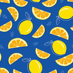 Colorful citrus fruit summer seamless pattern on blue background