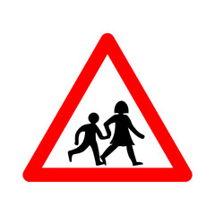 Schoolchildren sign. Schoolchildren warning sign. Red triangle sign with a silhouette children schoolchildren inside. Caution when children go out on the road. School near the road. Road sign.