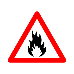 Fire sign. Warning sign flammable substances. Red triangle sign with flame silhouette inside. Caution at the fire sign. Road sign. Danger zone. - obrazy, fototapety, plakaty