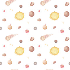 Space Background for Kids. Watercolor Seamless Pattern with Cartoon, Planets, Stars, Sun, Comets and Meteorites.