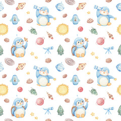 Space Background for Kids. Watercolor Seamless Pattern with cute Penguin, Planets, Stars, Ships, Rockets, Meteorites.