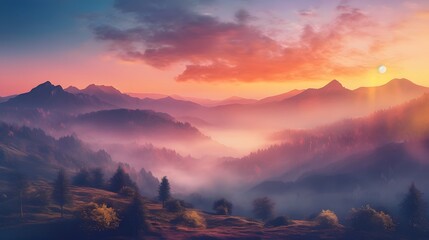 Fototapeta na wymiar beautiful mountain landscape with clouds and sunrise Generative AI, AI Generated