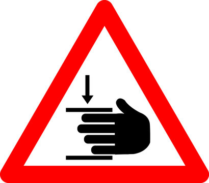 Hand Crush Sign. Hand Injury Sign. Hand Pinch Point Sign. Warning Sign. Red Triangle Sign With Hand Icon And Pressure Inside. Risk Of Hand Injury. The Force Of Crushing Hands From Above.