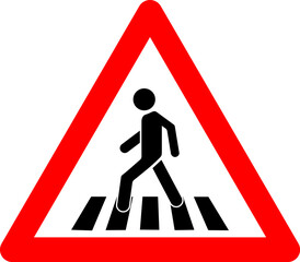 Pedestrian crossing sign. Warning sign pedestrian crossing. Red triangle sign with silhouette man walking along crosswalk inside. Caution unregulated pedestrian crossing. Road sign.