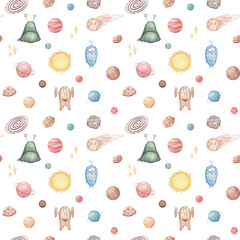 Space Background for Kids. Watercolor Seamless Pattern with Planets, Stars, Comets, UFO's, Meteorites.
