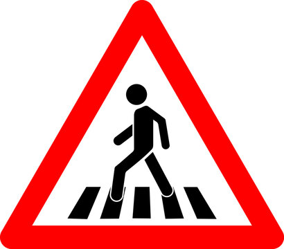 Pedestrian crossing sign. Warning sign pedestrian crossing. Red triangle sign with silhouette man walking along crosswalk inside. Caution unregulated pedestrian crossing. Road sign.