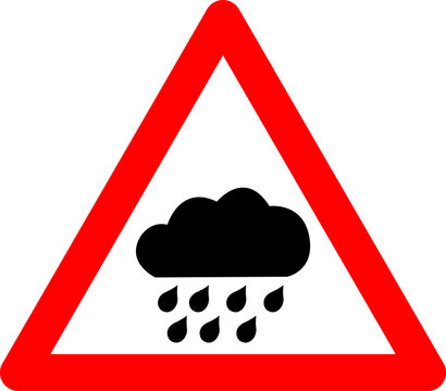 Rain sign. Rain warnings. Red triangle sign with rain cloud icon inside. Risk of heavy rain and accident. Caution, wet and slippery road. Danger of flooding.