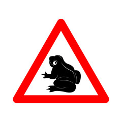 Frog sign. Frog warning sign. Red triangle sign with frog silhouette inside. Caution frog migration. On the territory toad. Toad sign.