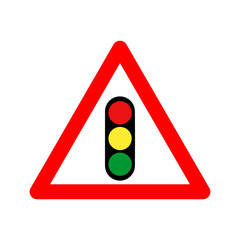 Traffic light regulation sign. Warning sign traffic is regulated by traffic light. Red triangle sign with traffic light silhouette inside. Caution traffic light. Road sign.