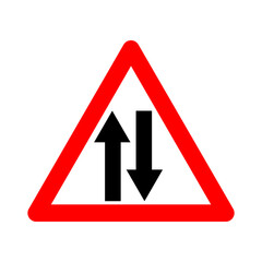 Two way traffic sign. Warning sign two way traffic. Red triangle sign with arrows silhouette inside. Caution entering two way road. Road sign. Traffic in both directions.