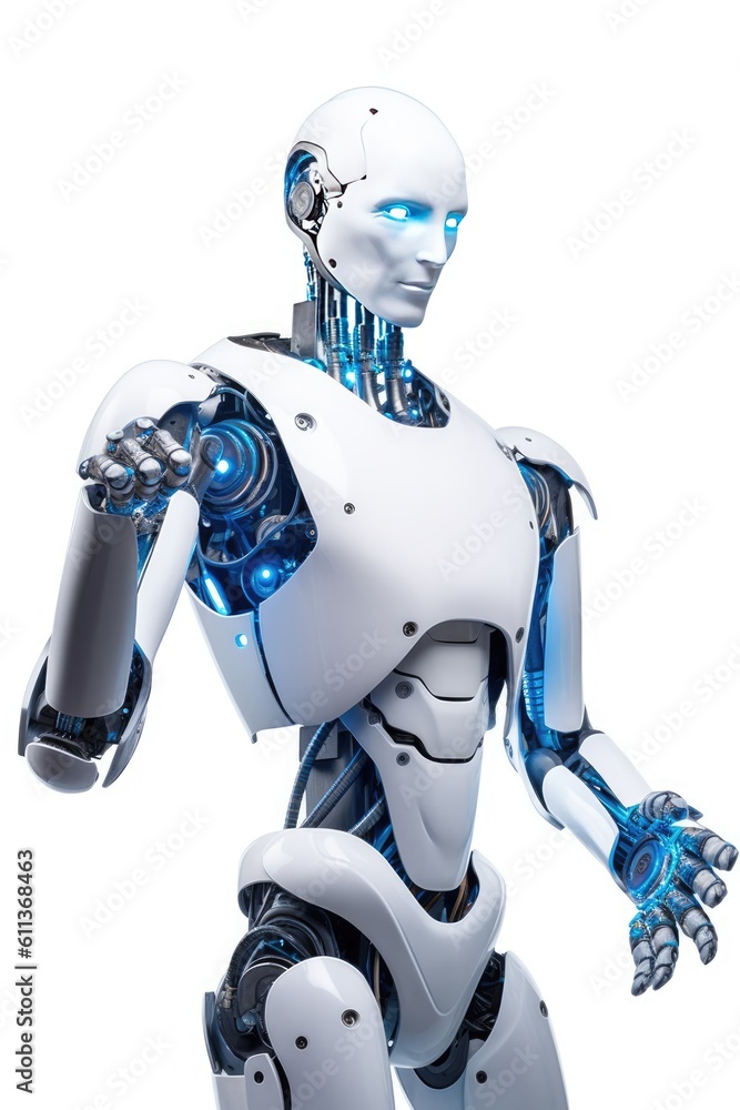 Poster humanoid robot stands against a stark white background generative ai