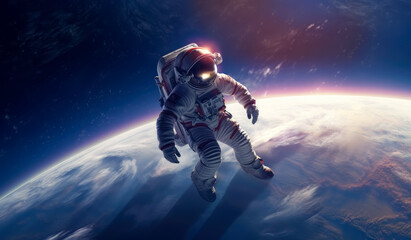 Astronaut in space over a planet with the sun shinning, in the style of ethereal cloudscapes. Generative Ai.