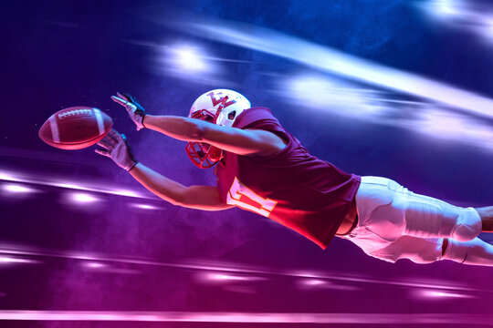 American football player in action banner with neon colors. Template for bookmaker ads with copy space. Mockup for betting advertisement. Sports betting, football betting, gambling, bookmaker