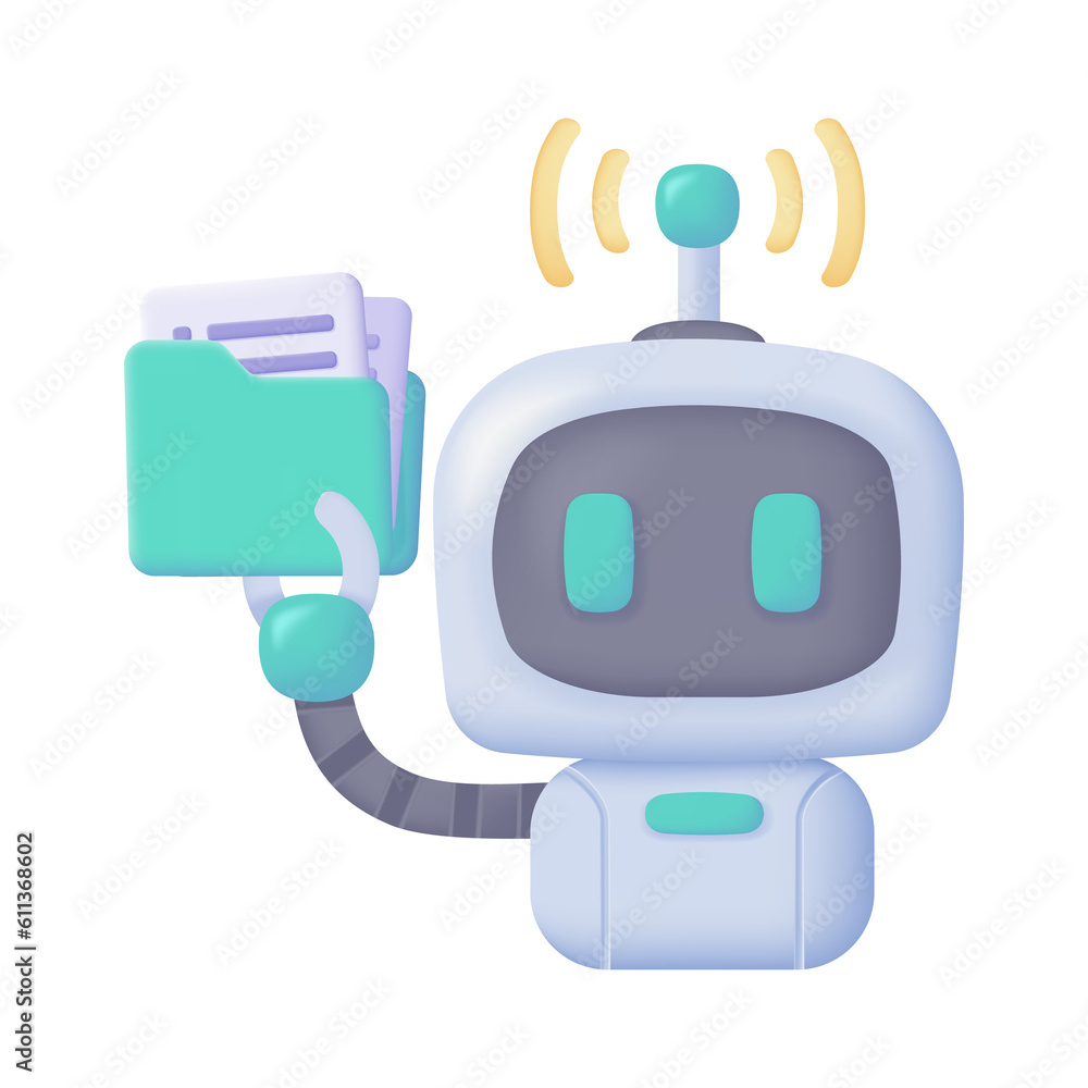 Poster vector 3d smart robot on computer to assist in human work creative cartoon robots in art and help an