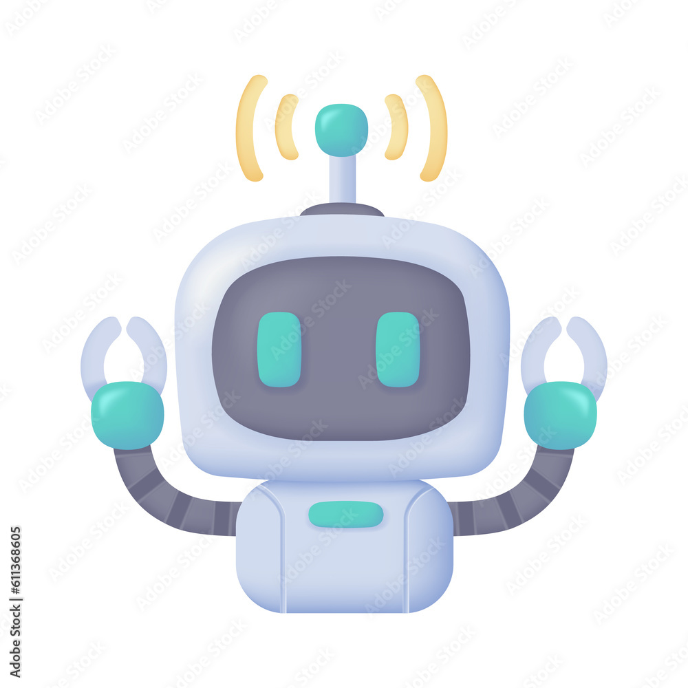 Poster vector 3d smart robot on computer to assist in human work creative cartoon robots in art and help an