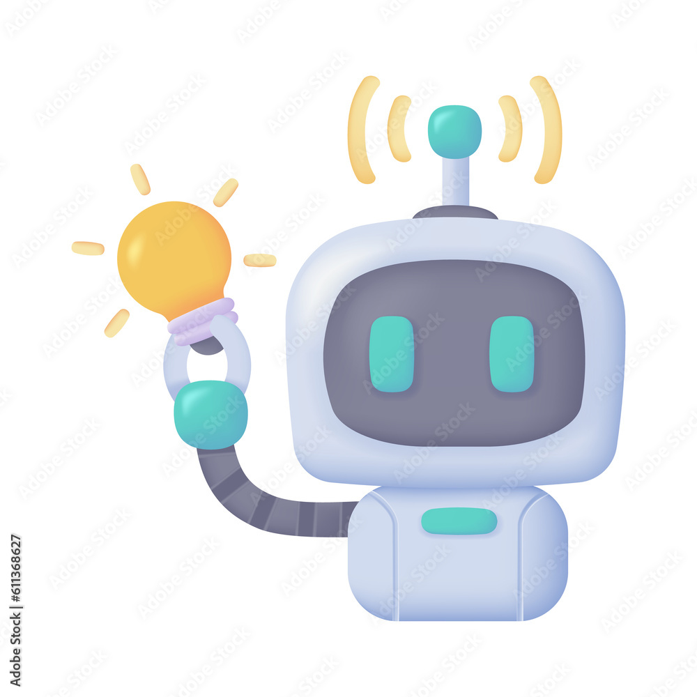 Poster vector 3d smart robot on computer to assist in human work creative cartoon robots in art and help an