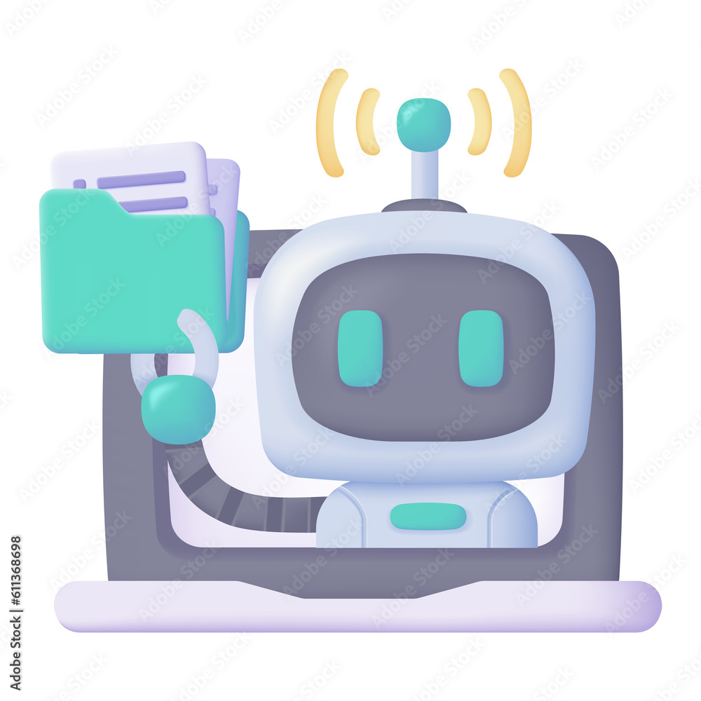Poster vector 3d smart robot on computer to assist in human work creative cartoon robots in art and help an