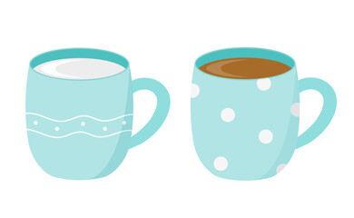 Mug of coffee and milk. Vector illustration in flat style. Isolated on white background.