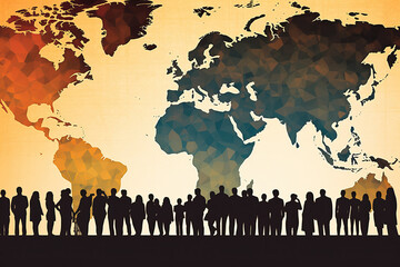 Generative AI illustration silhouette of unrecognizable group of people over dark floor standing by bright multicolored wall of world map
