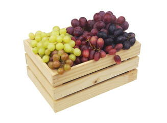 Grapes in wooden box isolated on white background.