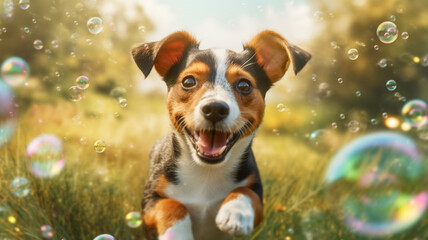 Adorable dog surrounded by bubbles in the garden on a sunny morning. Generative AI.