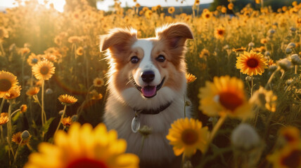 Adorable dog in the field of flowers on a sunny morning. Generative AI.