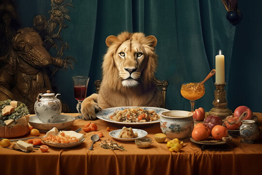 Generative AI illustration of Lion having dinner at served table with plate of delicious risotto and glass of red wine with fruit and vegetables