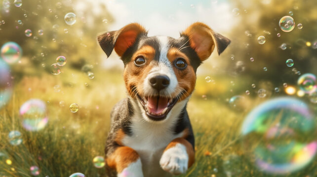Adorable dog surrounded by bubbles in the garden on a sunny morning. Generative AI.