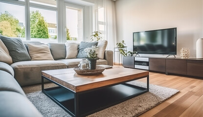 Comfortable corner couch and wooden coffee table placed in front of modern TV set in cozy spacious lounge room in house on sunny day, Generative AI