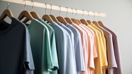 Collection of pastel coloured colorful t-shirts hanging on wooden clothing rack. Generative ai