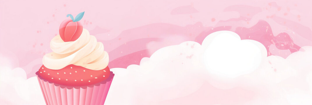 Cute Cartoon Pink Cupcake Banner with Space for Copy, banner, generative AI