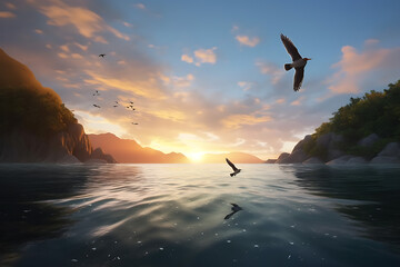 Beautiful sea and birds flying over the water at sunset.
