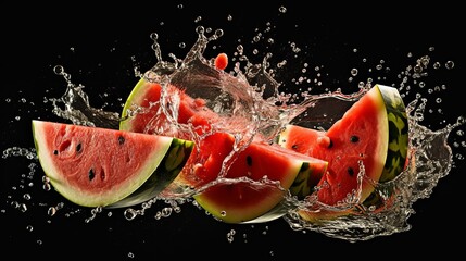 Watermelon flies in the air splatter isolated on black background.