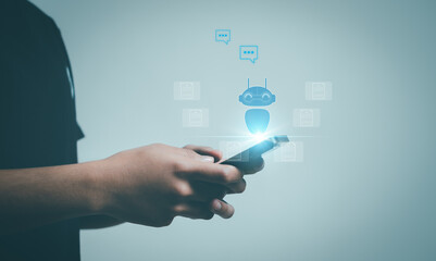 Technology and people concept man use AI,Business, modern technology, internet and networking concept. AI technology in everyday life. AI Learning and Artificial Intelligence Concept.