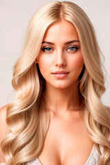 Naklejka premium Blonde girl with long and shiny wavy hair on grey background. Beautiful model with curly hairstyle. Generative AI.