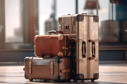 Old Luggage set on the train station, Forgotten travel bag suitcases on empty station platform. Generative AI
