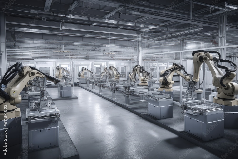 Poster group of robots working together in a factory. generative ai