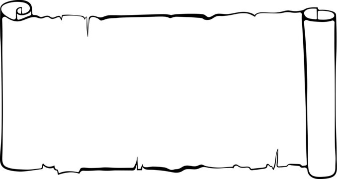 Horizontal scroll papyrus paper. Ancient scroll with copyspace. Vector illustrations in hand drawn sketch style isolated on white. Black outline graphics. Banner parchment with space for text