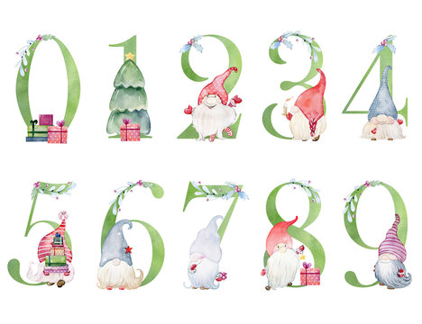 Watercolor christmas gnomes numbers for invitation card, nursery poster and other. Wall art decor.