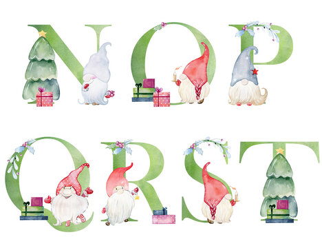 Watercolor christmas gnomes letters for invitation card, nursery poster and other. Wall art decor.