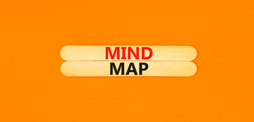 Mind map symbol. Concept words Mind map on beautiful wooden stick on a beautiful orange table orange background. Business, support, motivation, psychological and mind map concept. Copy space.
